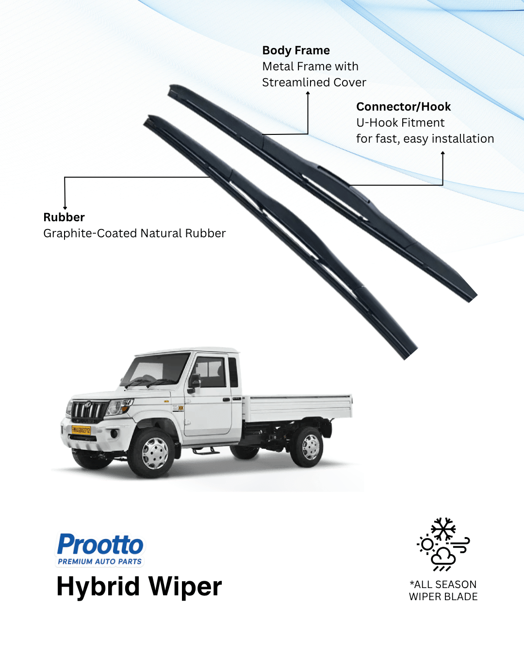 Prootto Wiper Blades for Mahindra Bolero Pik-Up – Hybrid, Frameless & Conventional (2025)