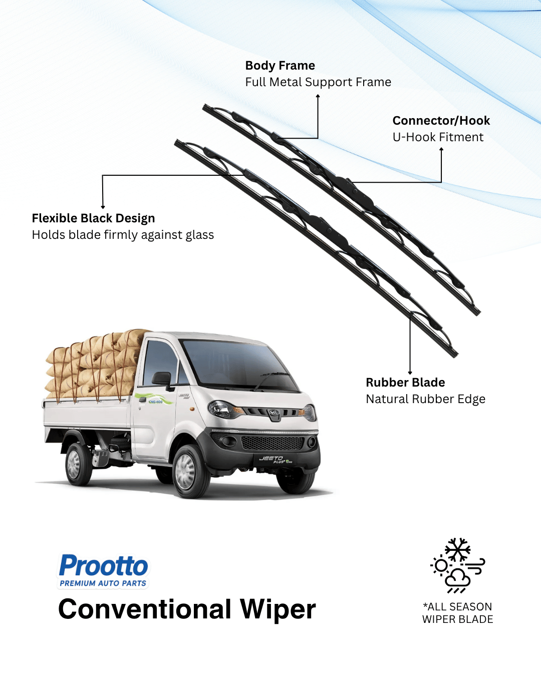 Prootto Wiper Blades for Mahindra Jeeto – Hybrid, Frameless & Conventional (2025)