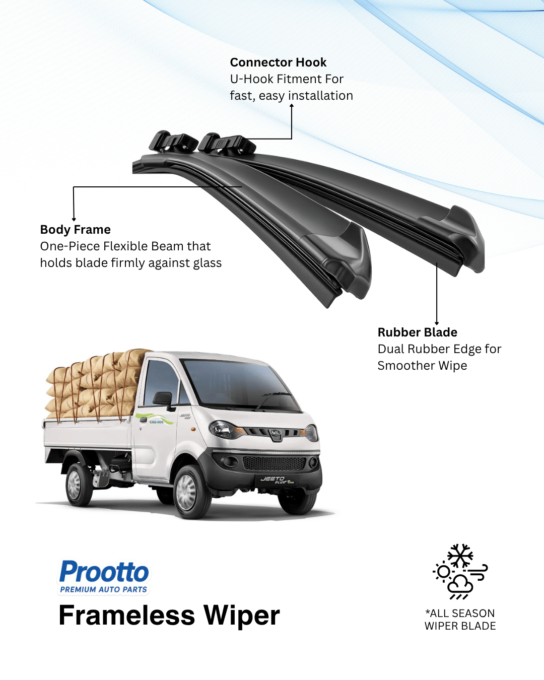 Prootto Wiper Blades for Mahindra Jeeto – Hybrid, Frameless & Conventional (2025)