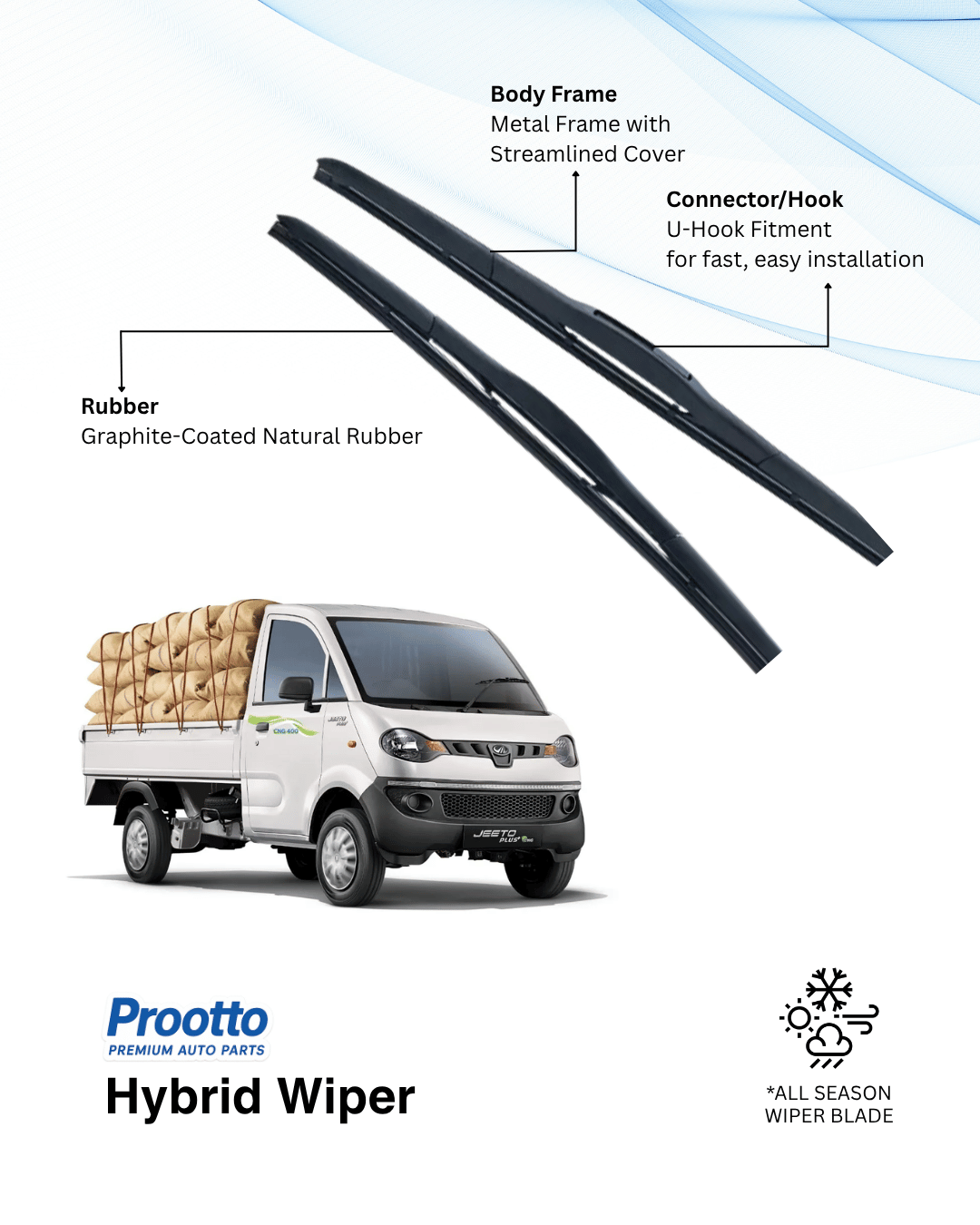 Prootto Wiper Blades for Mahindra Jeeto – Hybrid, Frameless & Conventional (2025)