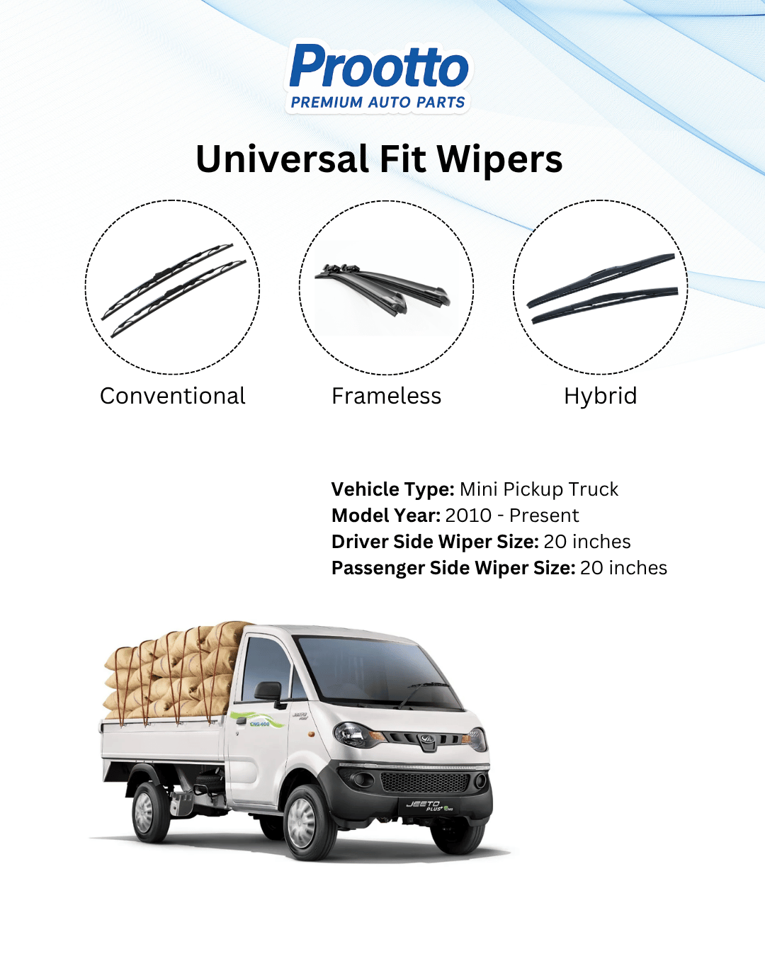Prootto Wiper Blades for Mahindra Jeeto – Hybrid, Frameless & Conventional (2025)