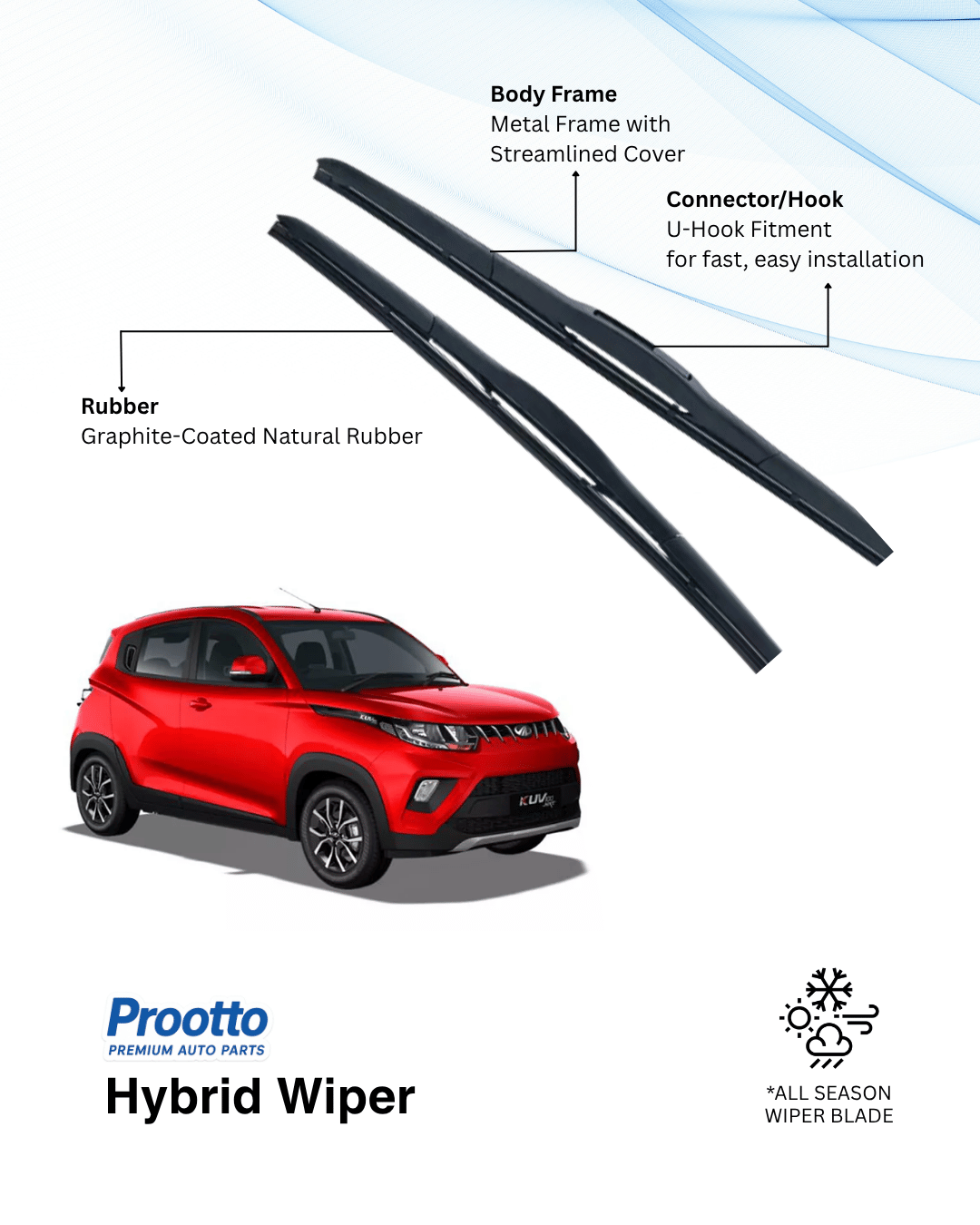 Prootto Wiper Blades for Mahindra KUV100 – Hybrid, Frameless & Conventional (2025)