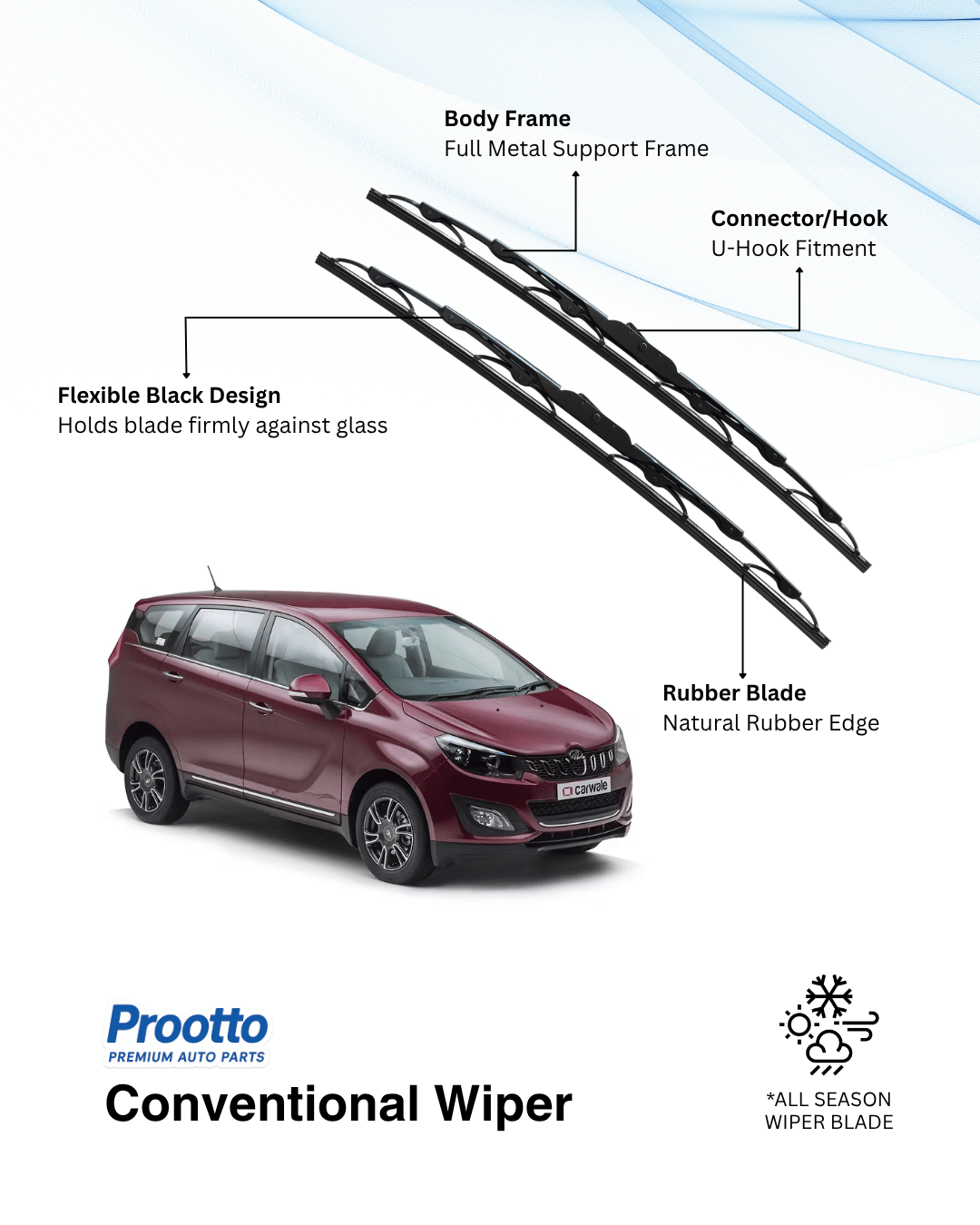 Prootto Wiper Blades for Mahindra Marazzo – Hybrid, Frameless & Conventional (2025)