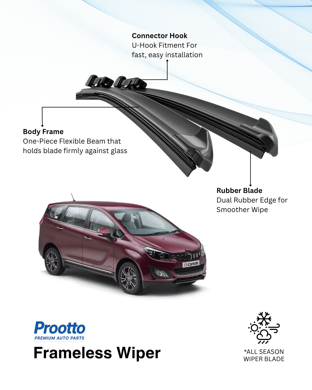 Prootto Wiper Blades for Mahindra Marazzo – Hybrid, Frameless & Conventional (2025)