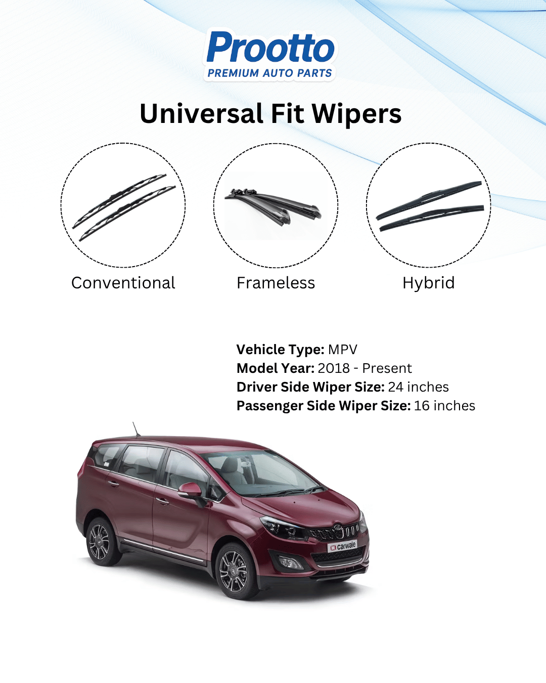 Prootto Wiper Blades for Mahindra Marazzo – Hybrid, Frameless & Conventional (2025)
