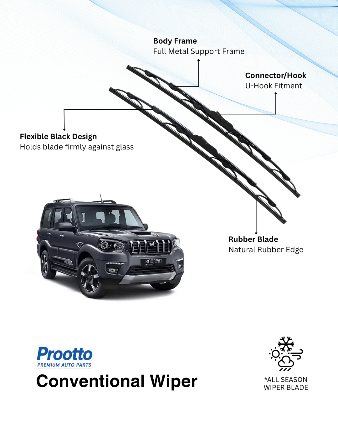 Prootto Wiper Blades for Mahindra Scorpio Classic – Hybrid, Frameless & Conventional (2025)