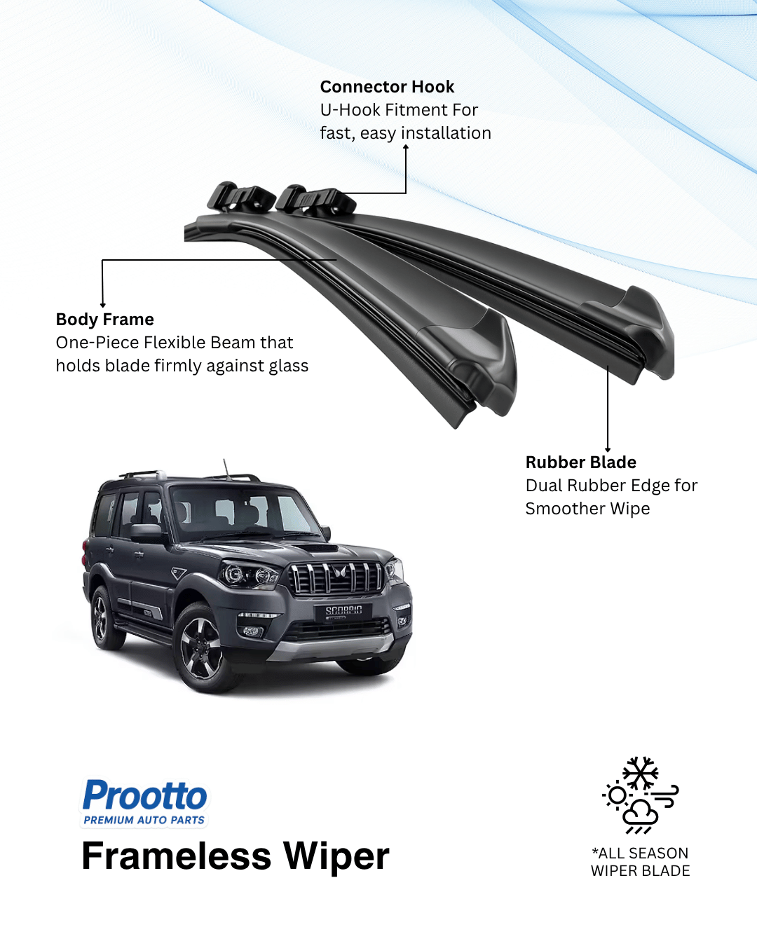 Prootto Wiper Blades for Mahindra Scorpio Classic – Hybrid, Frameless & Conventional (2025)