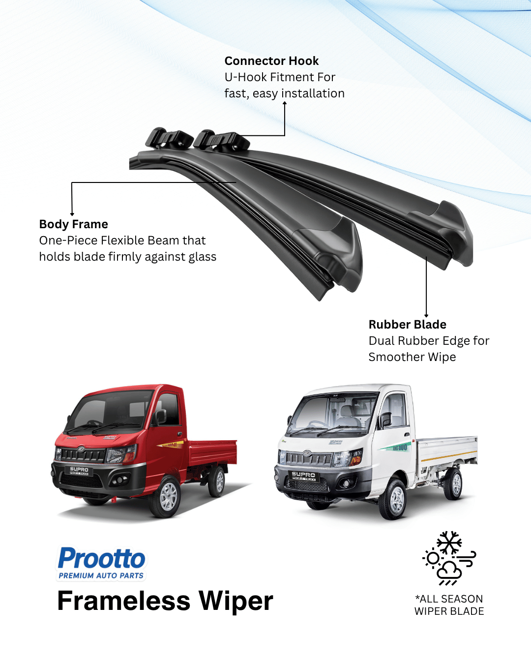 Prootto Wiper Blades for Mahindra Supro – Hybrid, Frameless & Conventional (2025)