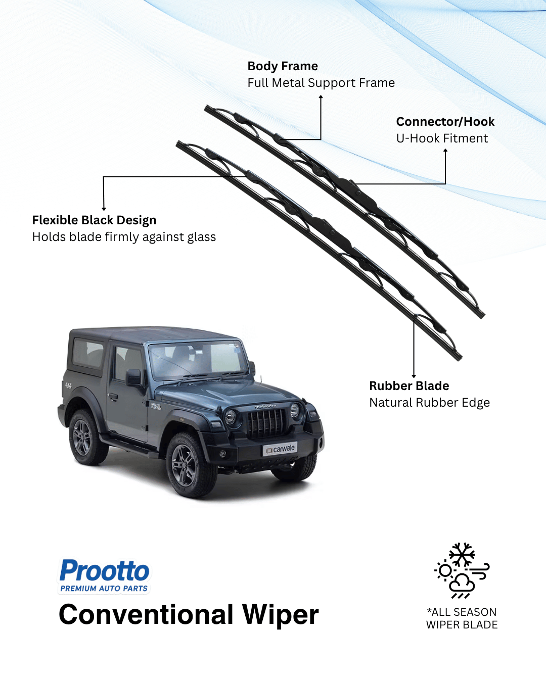 Prootto Wiper Blades for Mahindra Thar – Hybrid, Frameless & Conventional (2025)