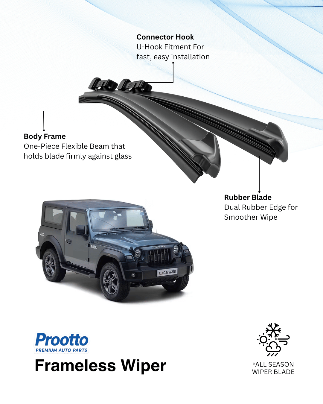 Prootto Wiper Blades for Mahindra Thar – Hybrid, Frameless & Conventional (2025)