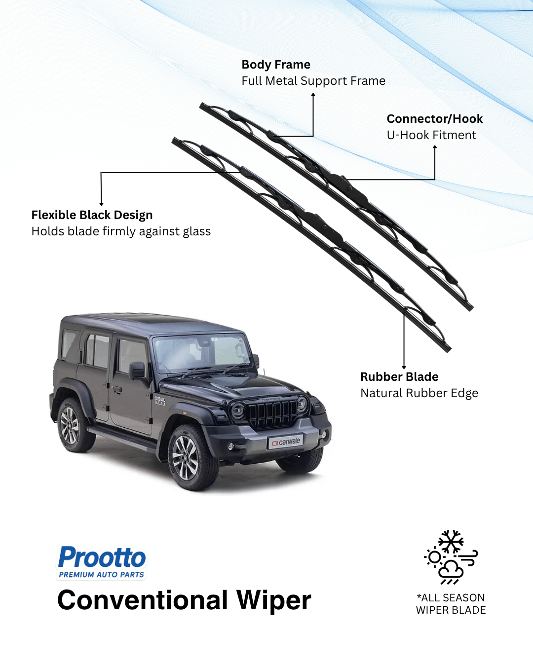 Prootto Wiper Blades for Mahindra Thar ROXX Edition – Hybrid, Frameless & Conventional (2025)