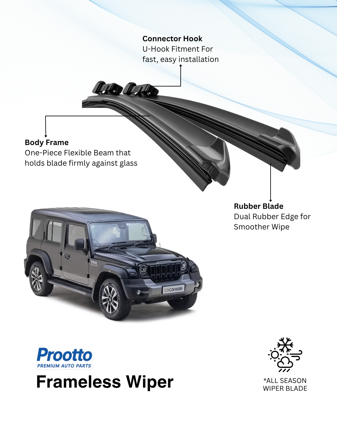 Prootto Wiper Blades for Mahindra Thar ROXX Edition – Hybrid, Frameless & Conventional (2025)