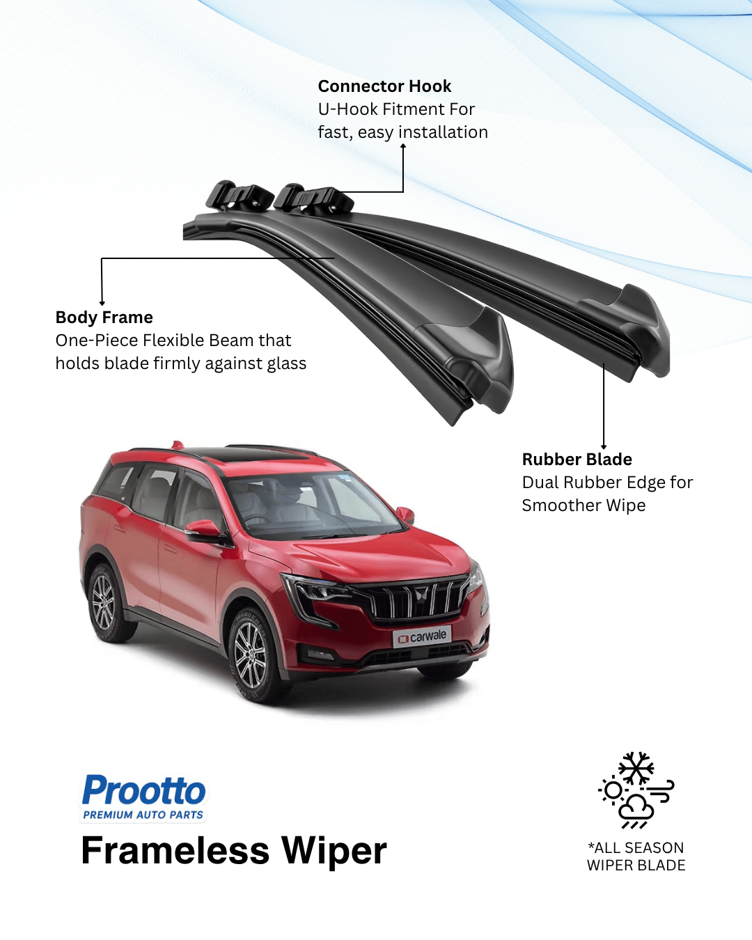 Prootto Wiper Blades for Mahindra XUV700 – Hybrid, Frameless & Conventional (2025)