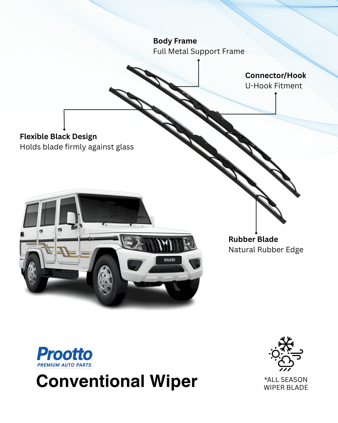 Wiper Blades for Mahindra Bolero – Hybrid, Frameless & Conventional (2025)