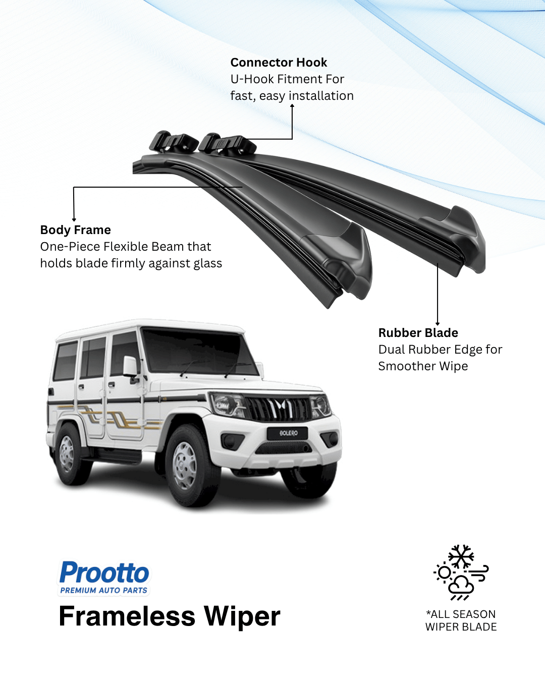 Wiper Blades for Mahindra Bolero – Hybrid, Frameless & Conventional (2025)
