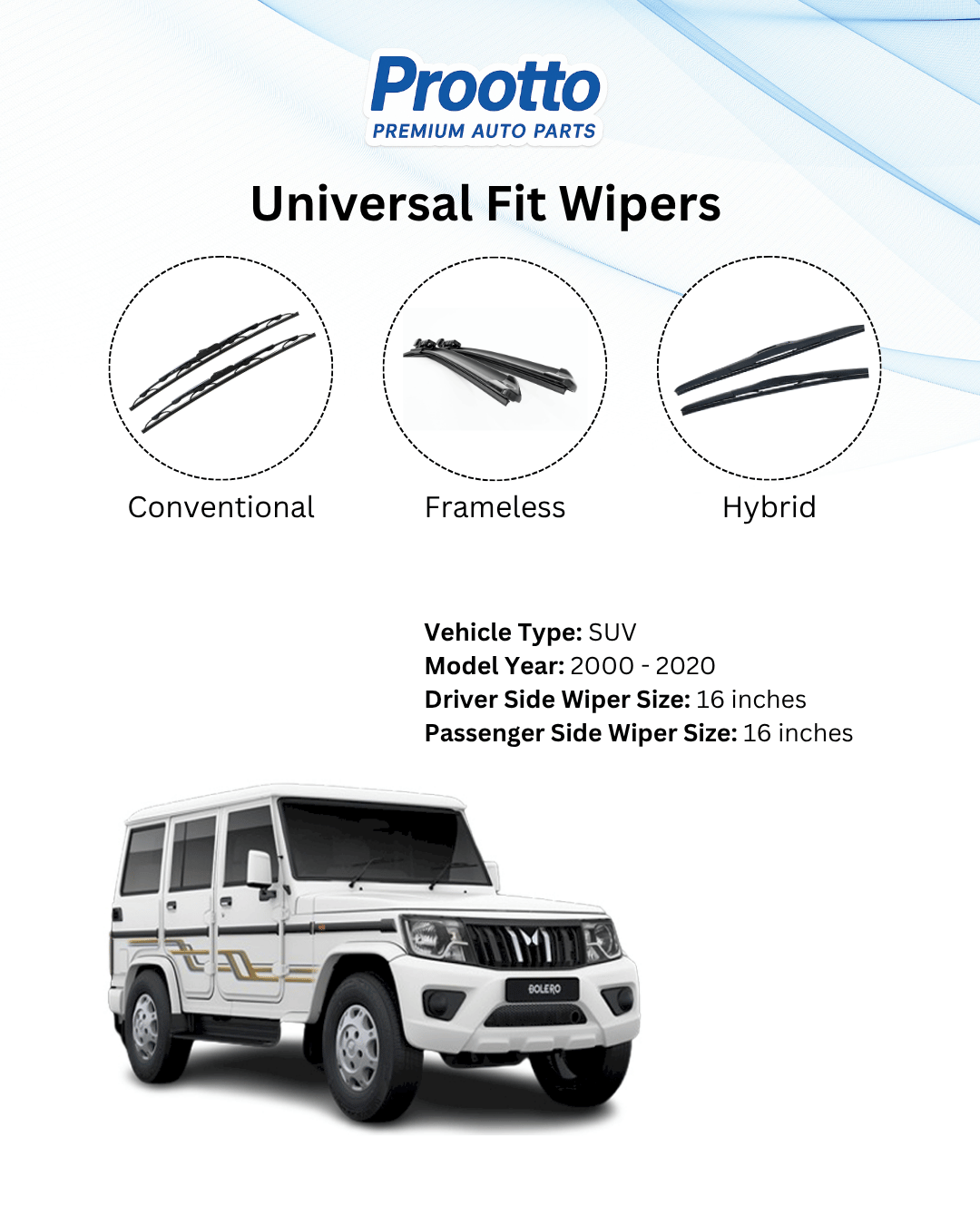Wiper Blades for Mahindra Bolero – Hybrid, Frameless & Conventional (2025)