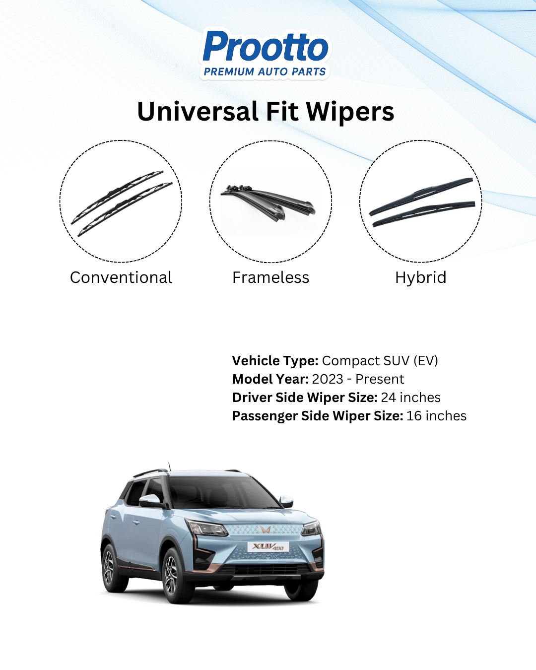 Wiper Blades for Mahindra XUV400 EV – Hybrid, Frameless & Conventional (2025)
