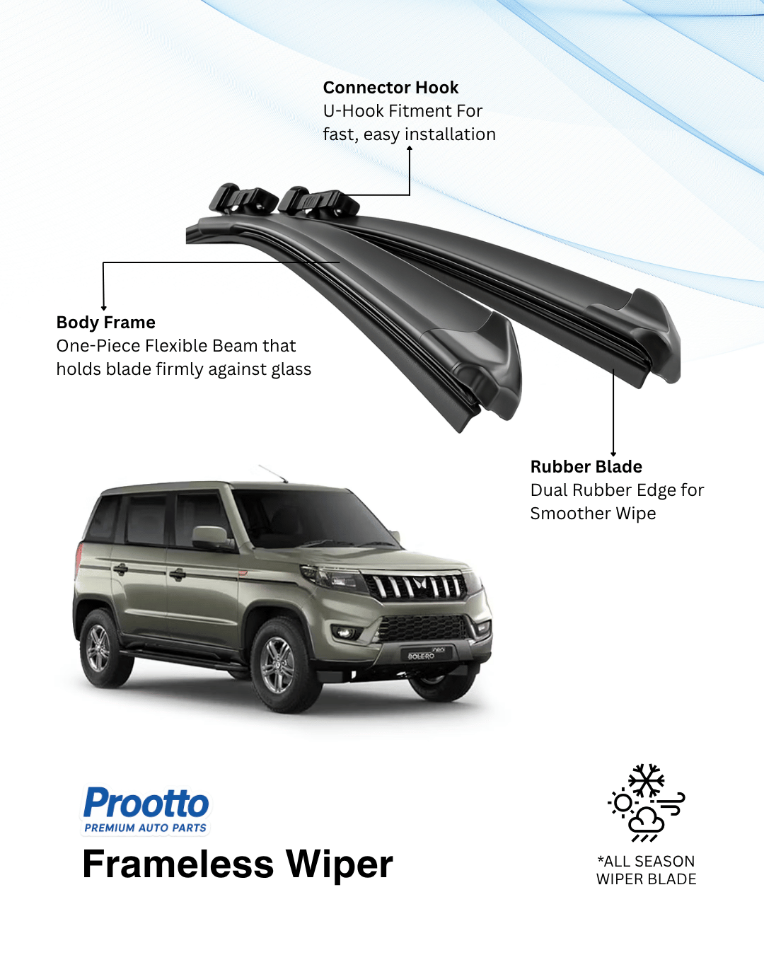 Wiper Blades for Mahindra Bolero Neo – Hybrid, Frameless & Conventional (2025)