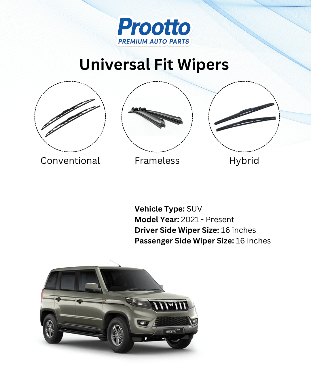 Wiper Blades for Mahindra Bolero Neo – Hybrid, Frameless & Conventional (2025)