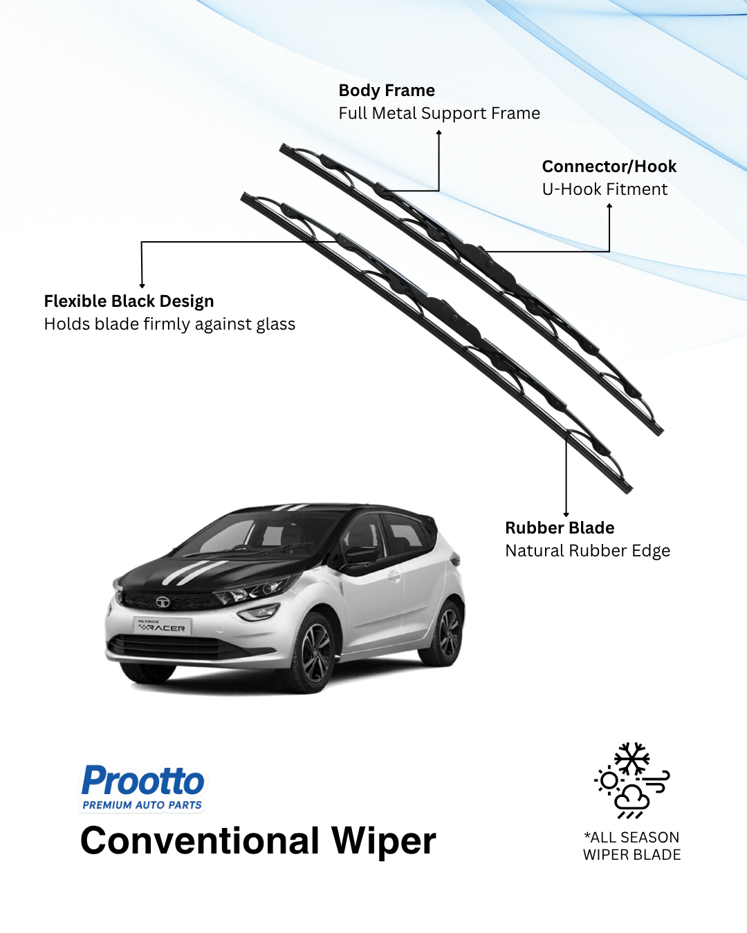 Prootto Wiper Blades for Tata Altroz – Hybrid, Frameless & Conventional (2025)