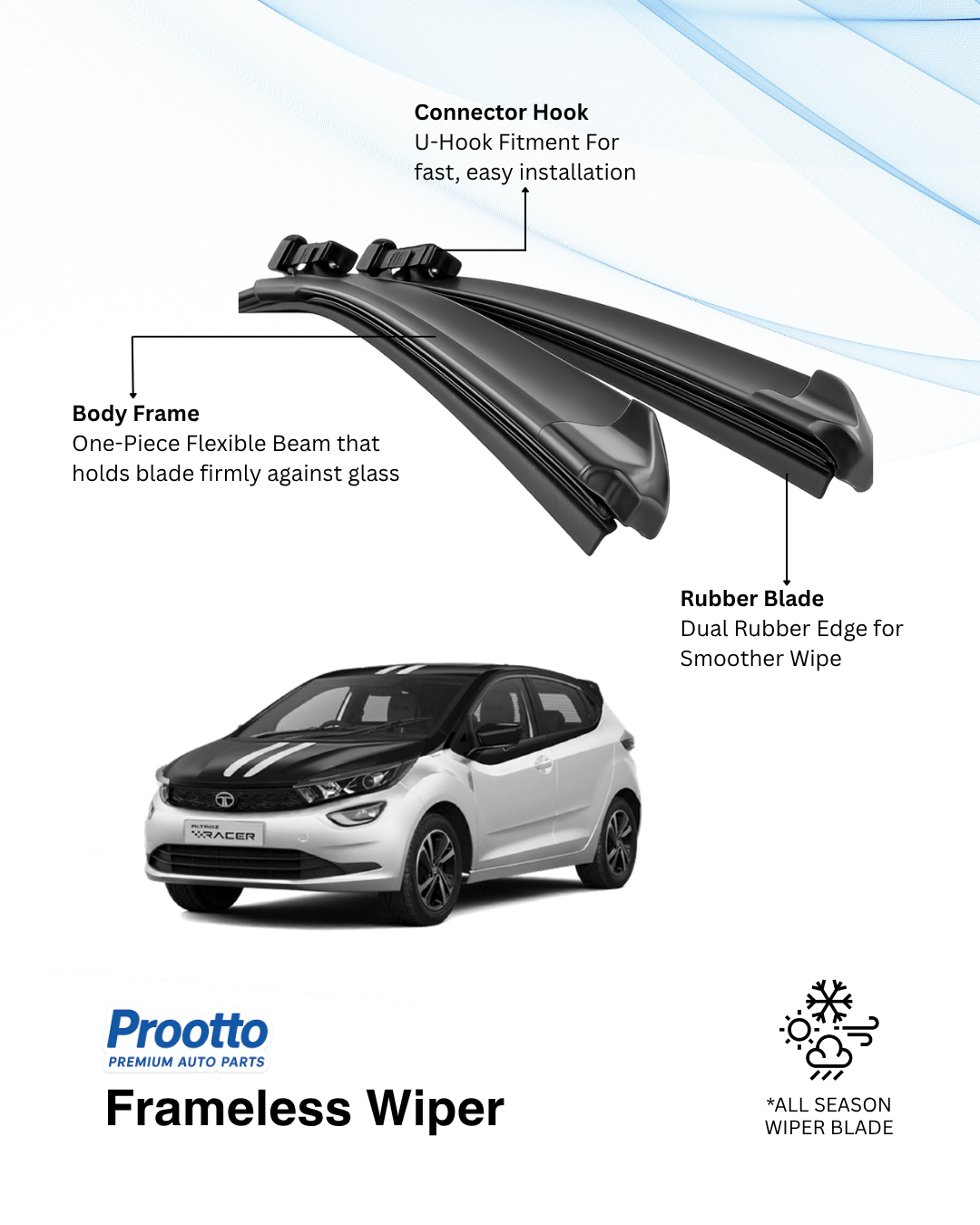 Prootto Wiper Blades for Tata Altroz – Hybrid, Frameless & Conventional (2025)