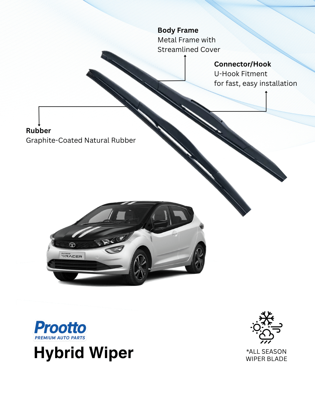 Prootto Wiper Blades for Tata Altroz – Hybrid, Frameless & Conventional (2025)