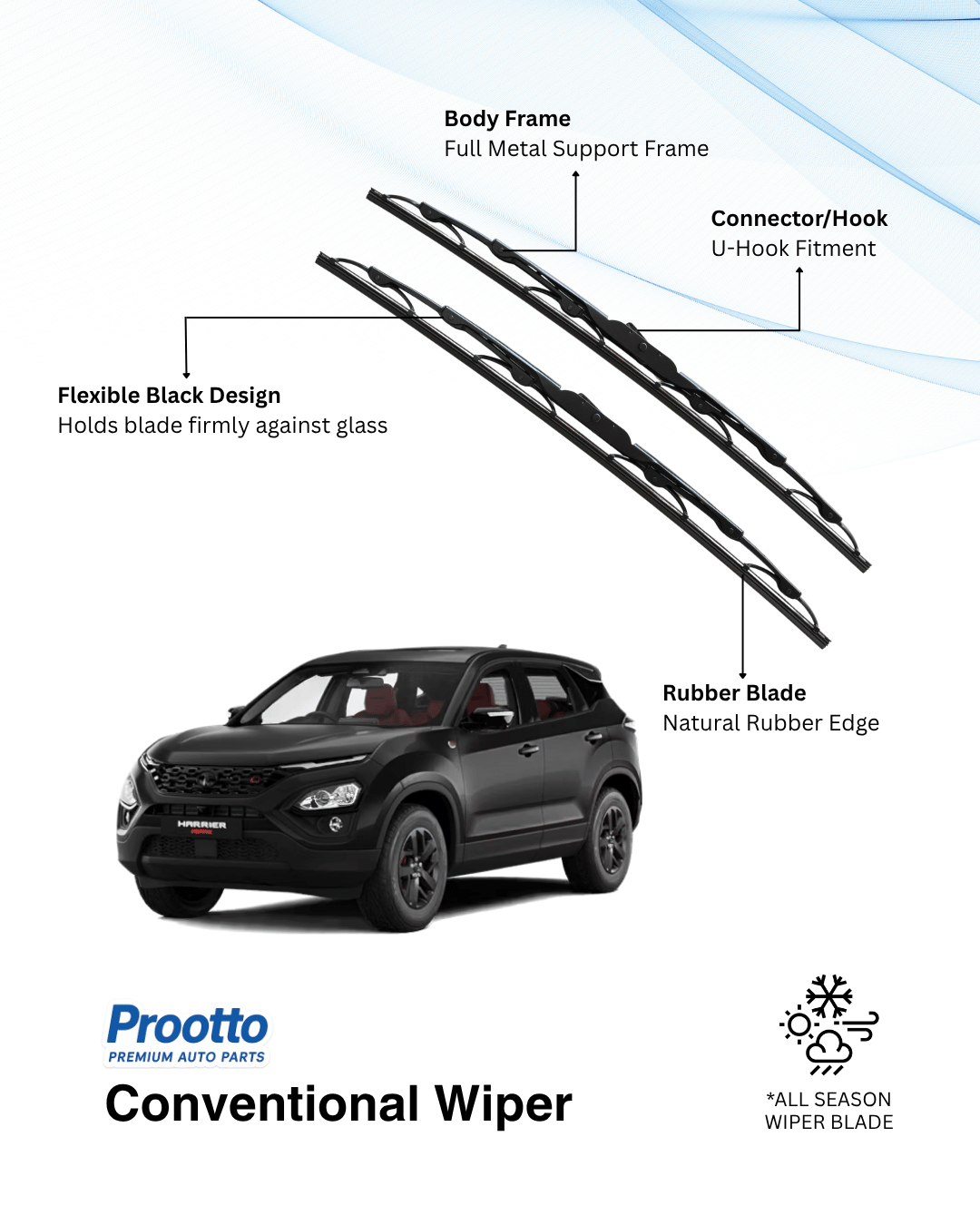 Prootto Wiper Blades for Tata Harrier – Hybrid, Frameless & Conventional (2025)