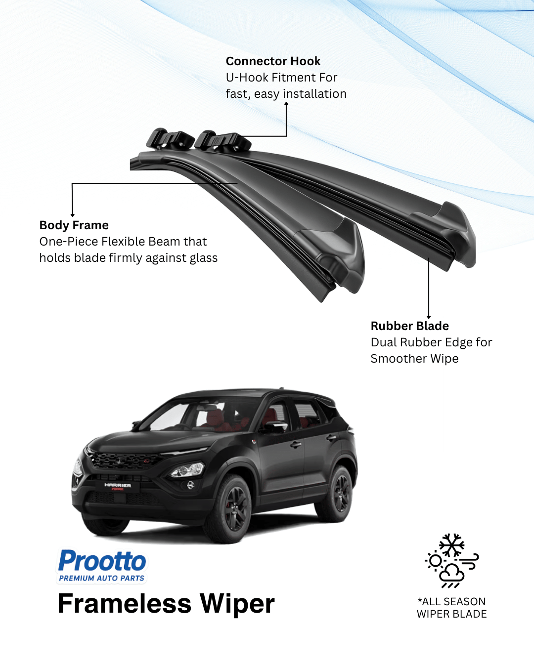 Prootto Wiper Blades for Tata Harrier – Hybrid, Frameless & Conventional (2025)