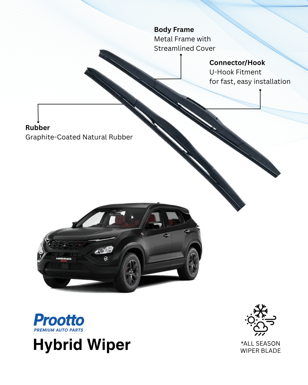 Prootto Wiper Blades for Tata Harrier – Hybrid, Frameless & Conventional (2025)