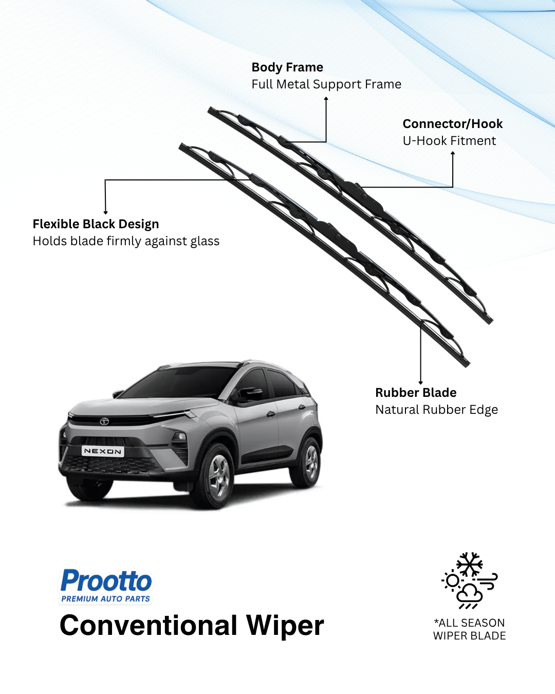 Prootto Wiper Blades for Tata Nexon – Hybrid, Frameless & Conventional (2025)
