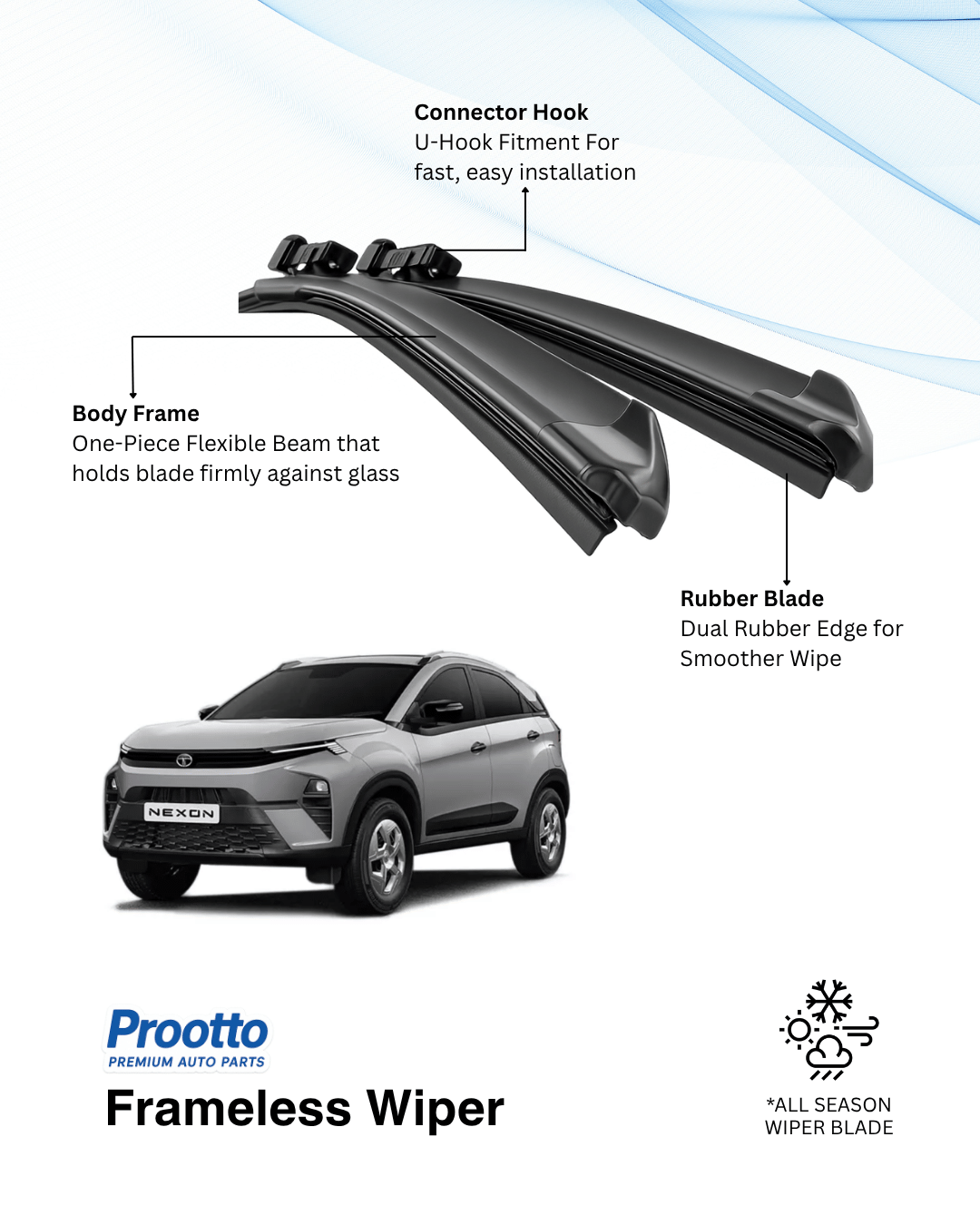 Prootto Wiper Blades for Tata Nexon – Hybrid, Frameless & Conventional (2025)