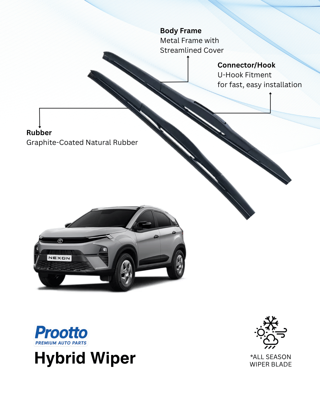 Prootto Wiper Blades for Tata Nexon – Hybrid, Frameless & Conventional (2025)