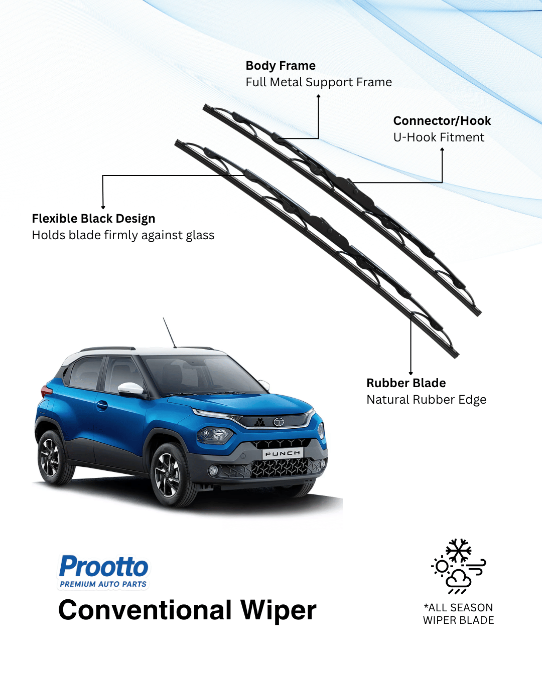 Prootto Wiper Blades for Tata Punch – Hybrid, Frameless & Conventional (2025)