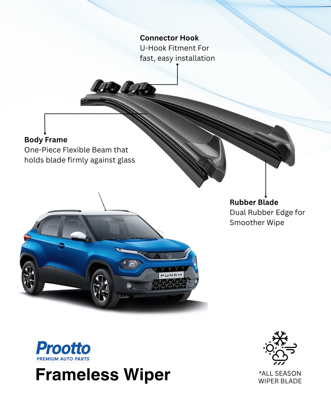Prootto Wiper Blades for Tata Punch – Hybrid, Frameless & Conventional (2025)