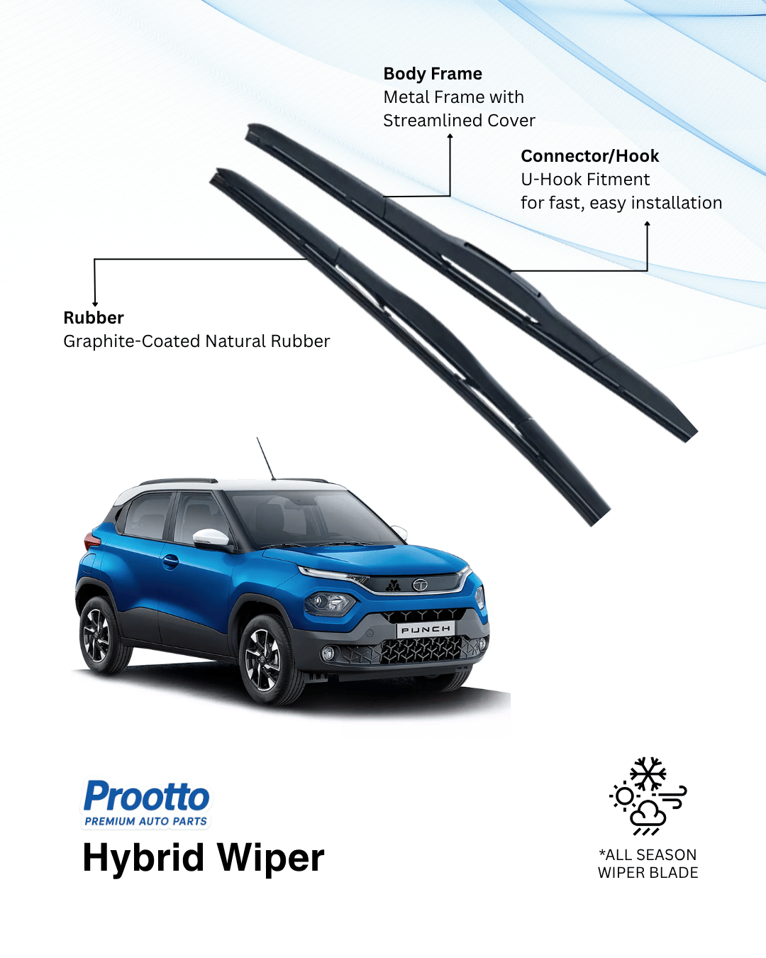 Prootto Wiper Blades for Tata Punch – Hybrid, Frameless & Conventional (2025)