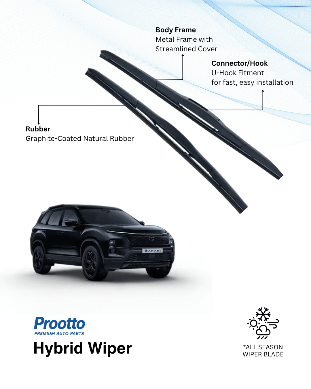 Prootto Wiper Blades for Tata Safari – Hybrid, Frameless & Conventional (2025)