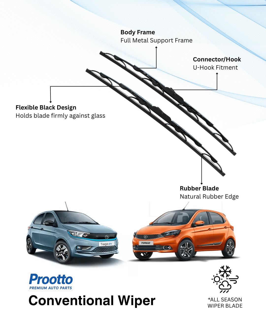 Prootto Wiper Blades for Tata Tiago – Hybrid, Frameless & Conventional (2025)