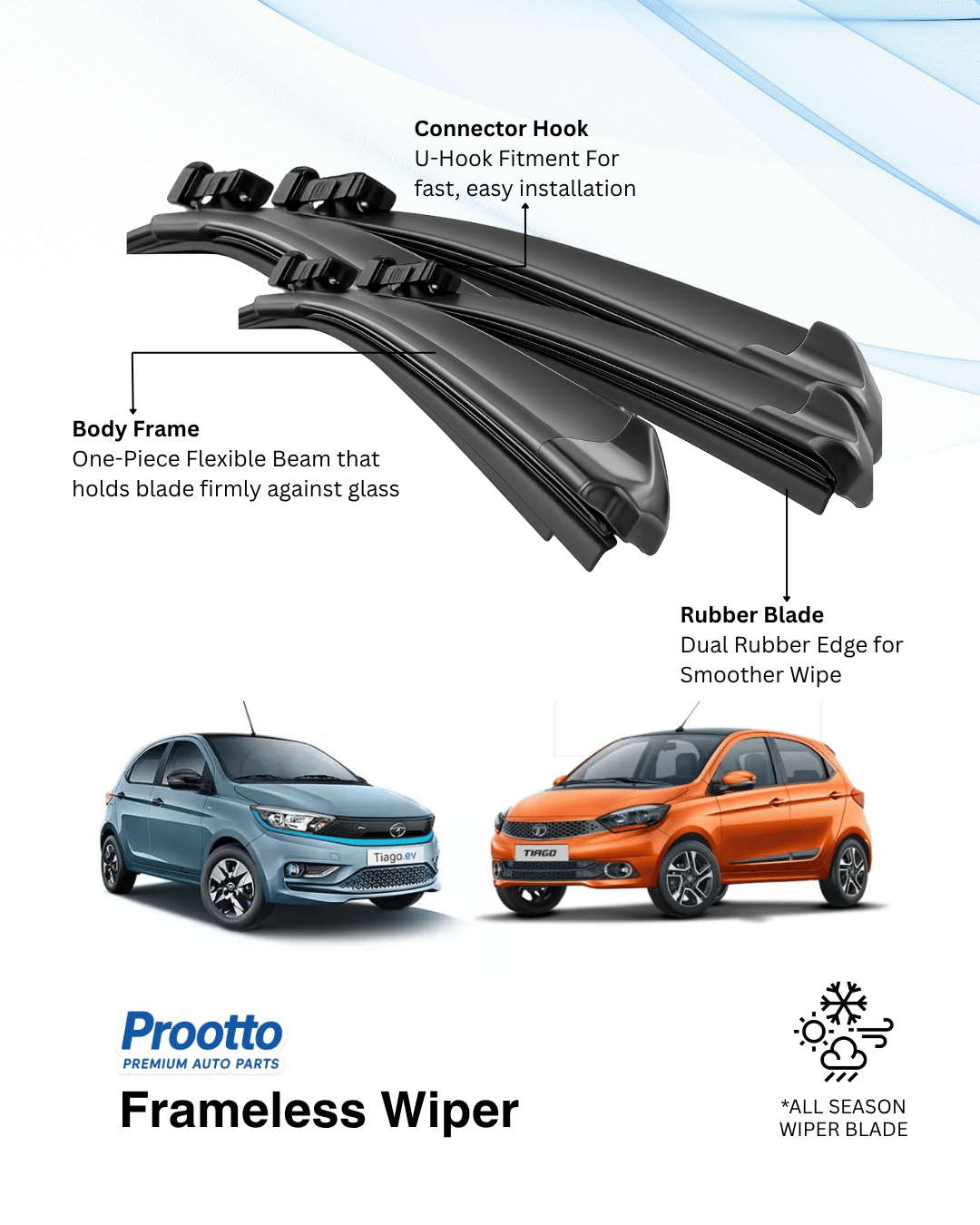 Prootto Wiper Blades for Tata Tiago – Hybrid, Frameless & Conventional (2025)
