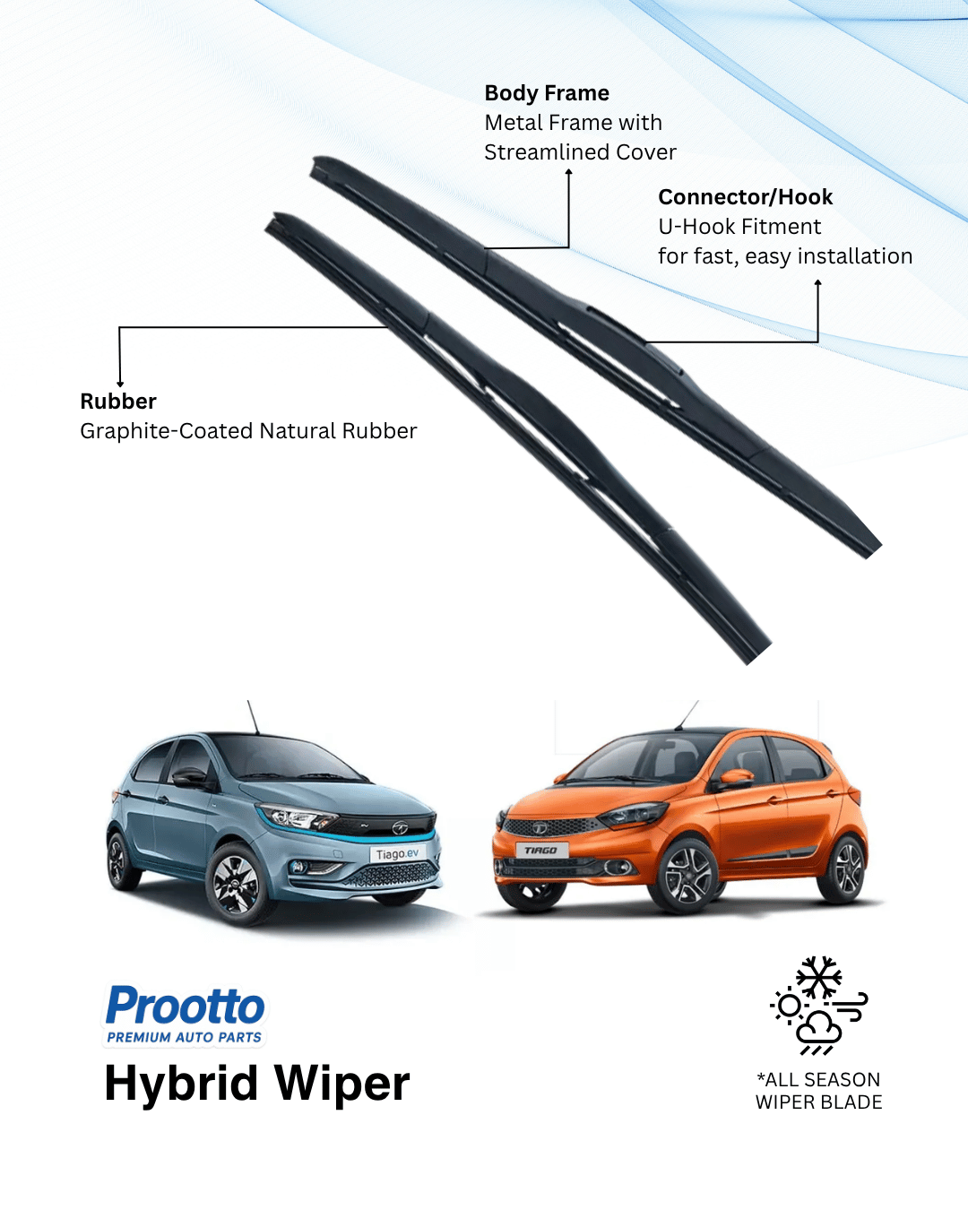 Prootto Wiper Blades for Tata Tiago – Hybrid, Frameless & Conventional (2025)