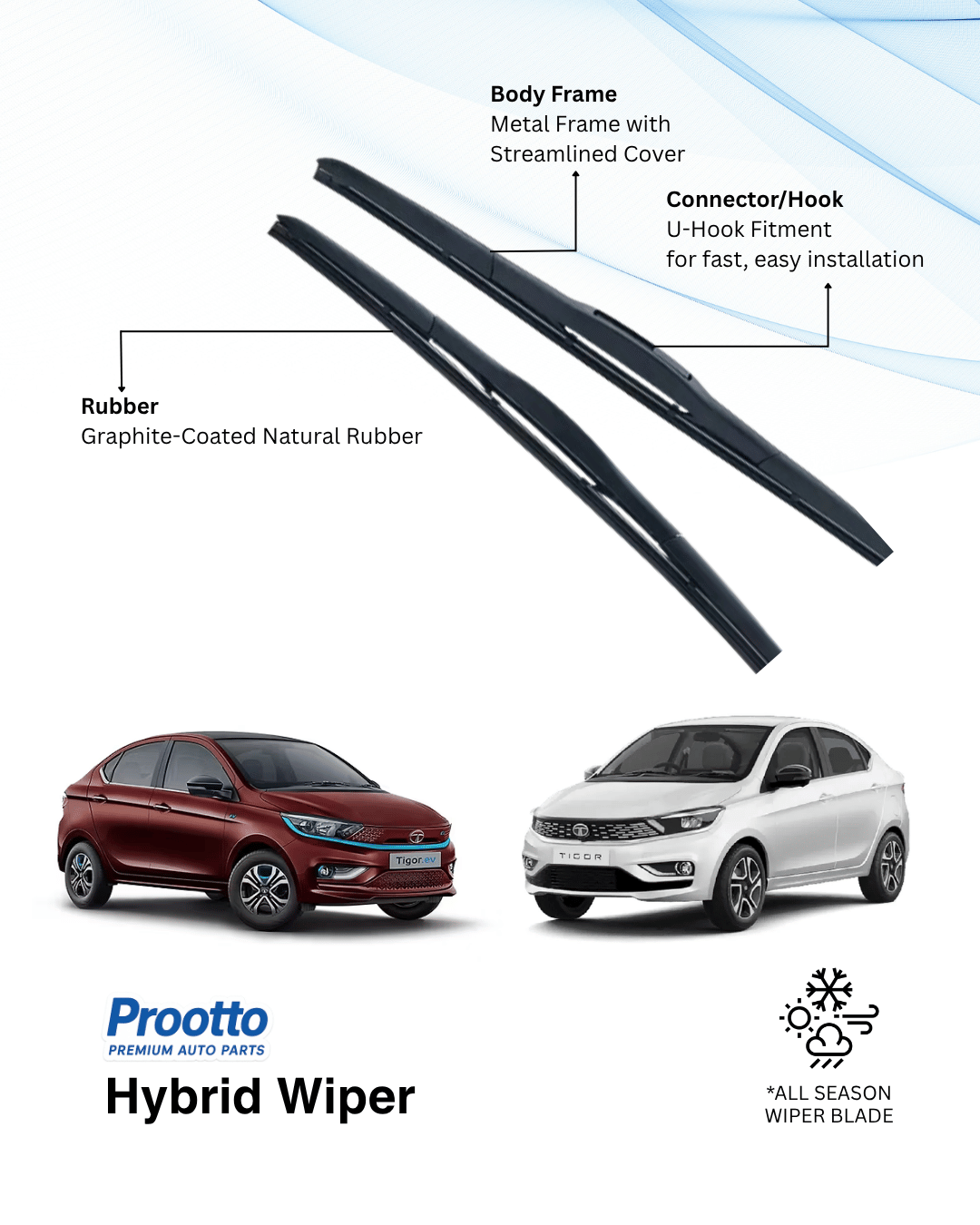 Prootto Wiper Blades for Tata Tigor – Hybrid, Frameless & Conventional (2025)