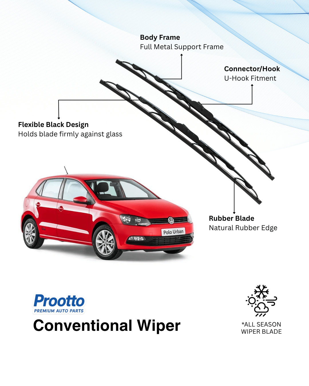 Prootto Wiper Blades for Volkswagen Polo – Hybrid, Frameless & Conventional (2025)