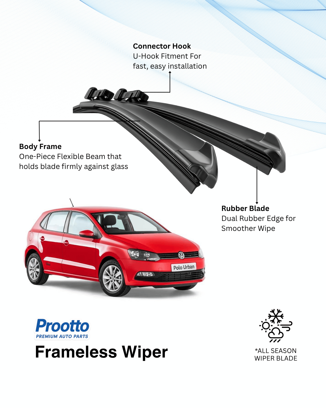 Prootto Wiper Blades for Volkswagen Polo – Hybrid, Frameless & Conventional (2025)