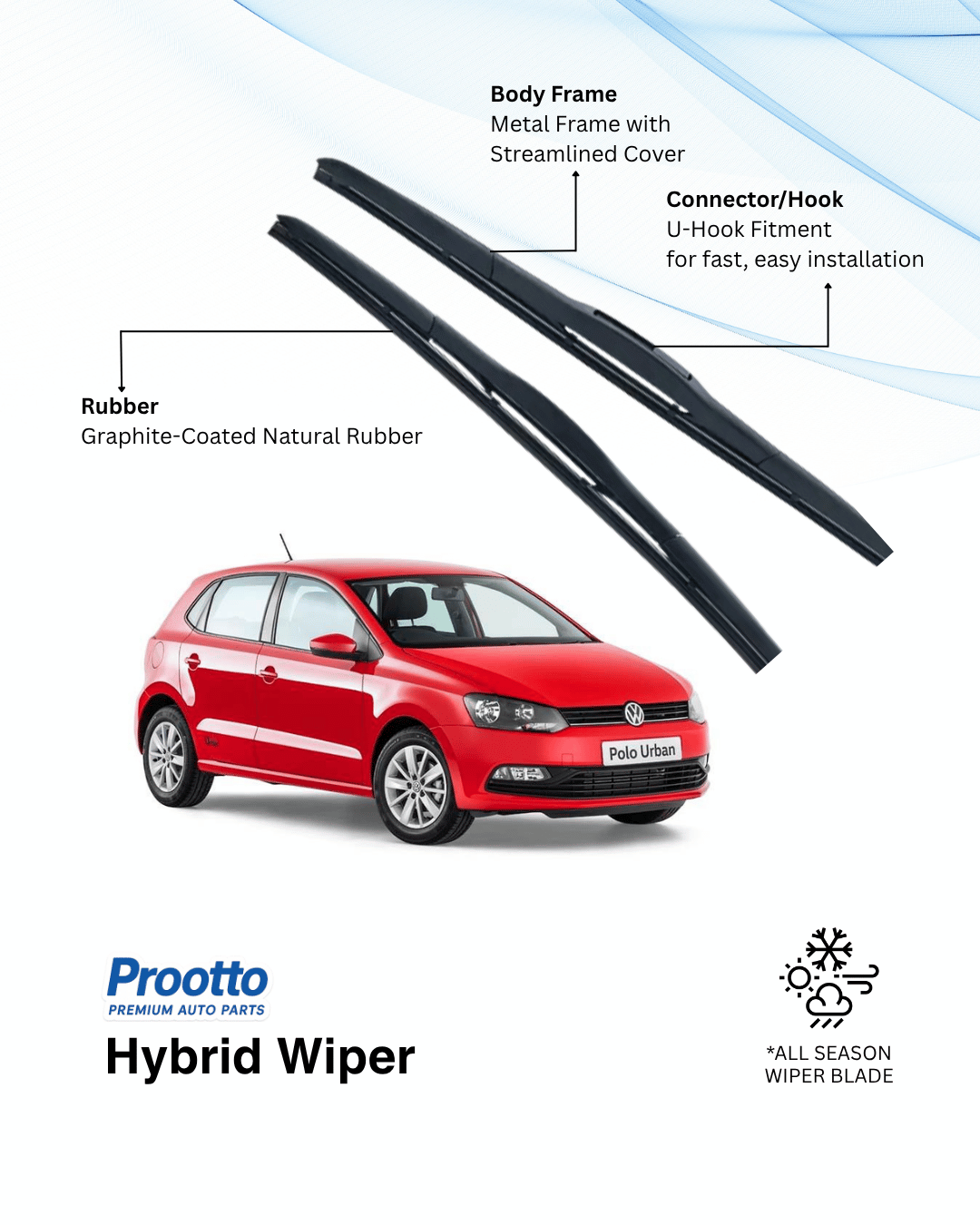 Prootto Wiper Blades for Volkswagen Polo – Hybrid, Frameless & Conventional (2025)