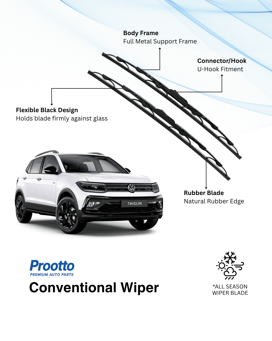 Prootto Wiper Blades for Volkswagen Taigun - Hybrid, Frameless & Conventional