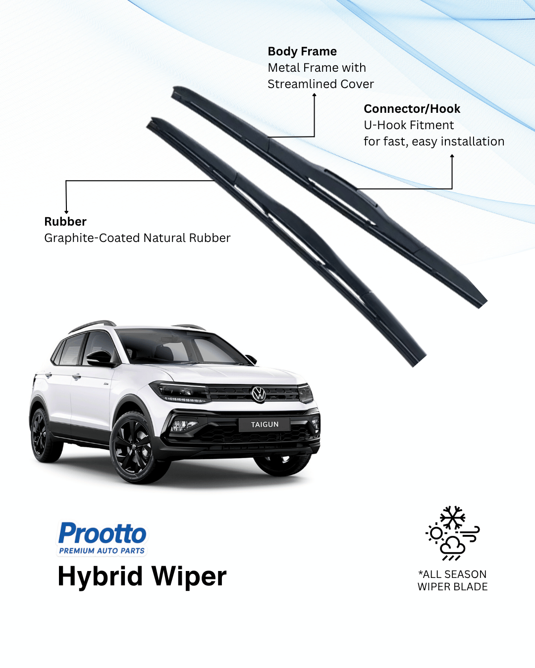 Prootto Wiper Blades for Volkswagen Taigun - Hybrid, Frameless & Conventional