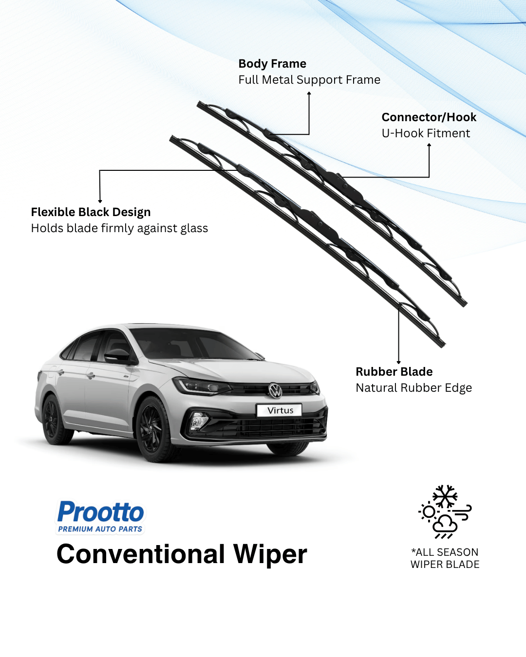 Prootto Wiper Blades for Volkswagen Virtus - Hybrid, Frameless & Conventional