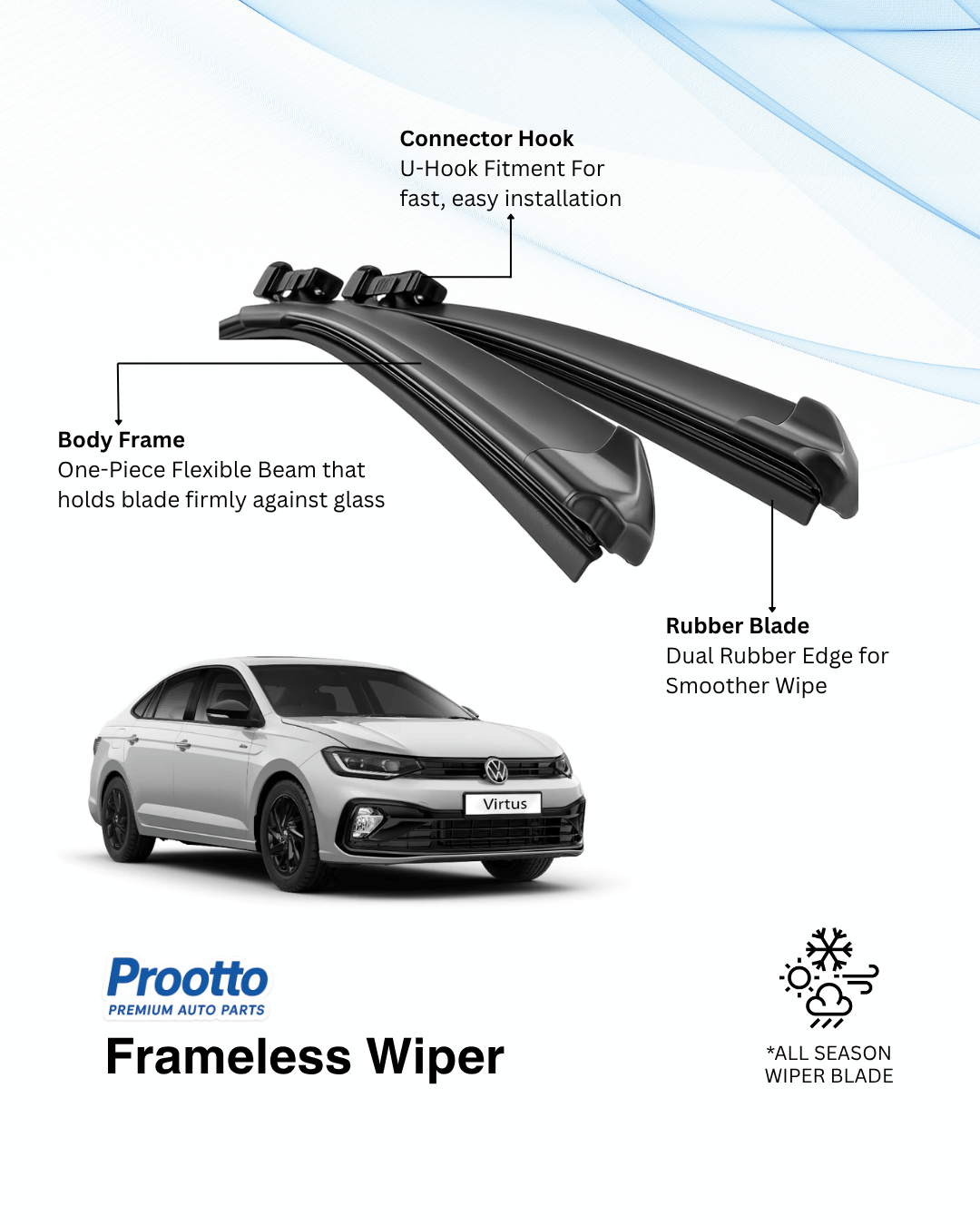 Prootto Wiper Blades for Volkswagen Virtus - Hybrid, Frameless & Conventional