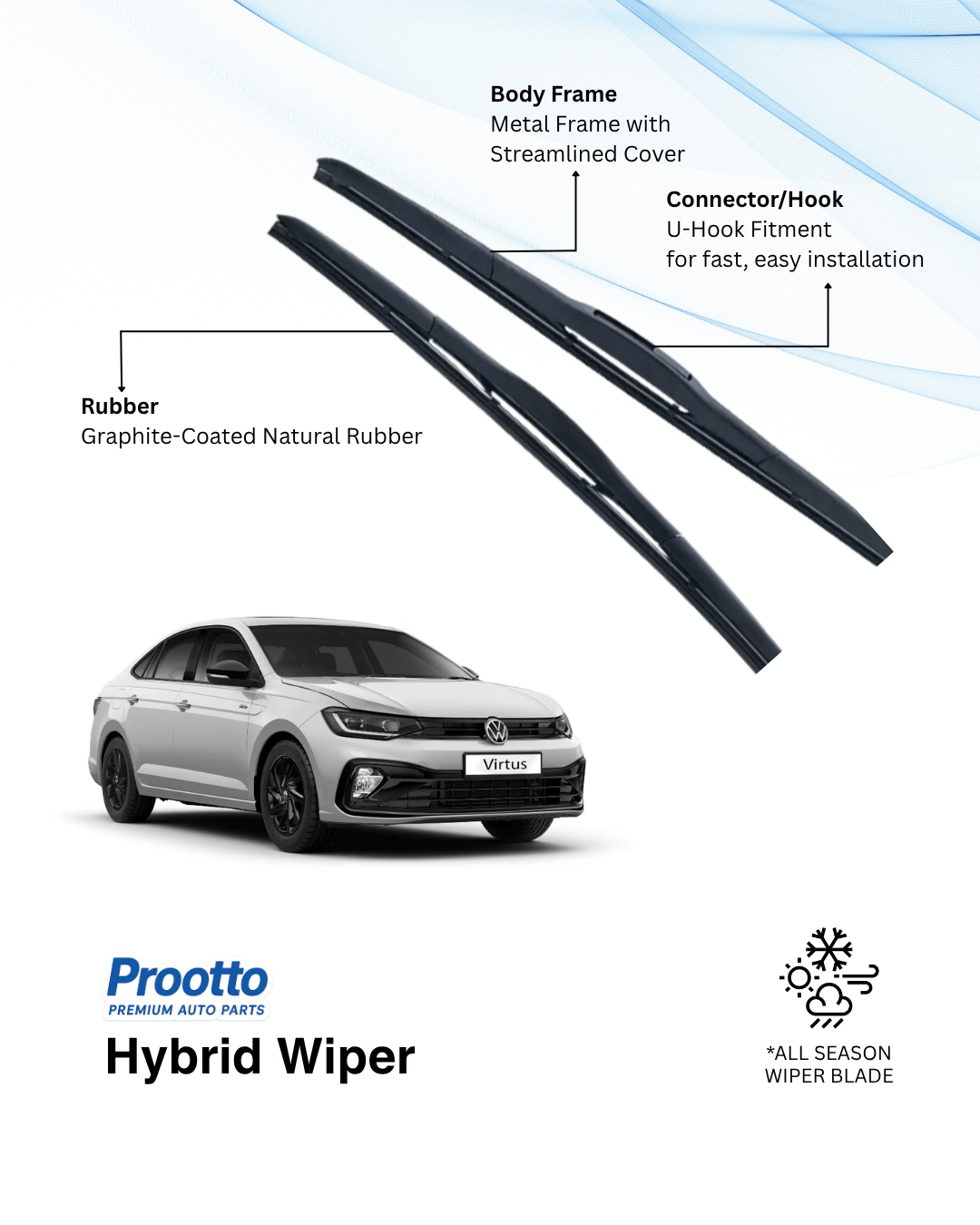 Prootto Wiper Blades for Volkswagen Virtus - Hybrid, Frameless & Conventional