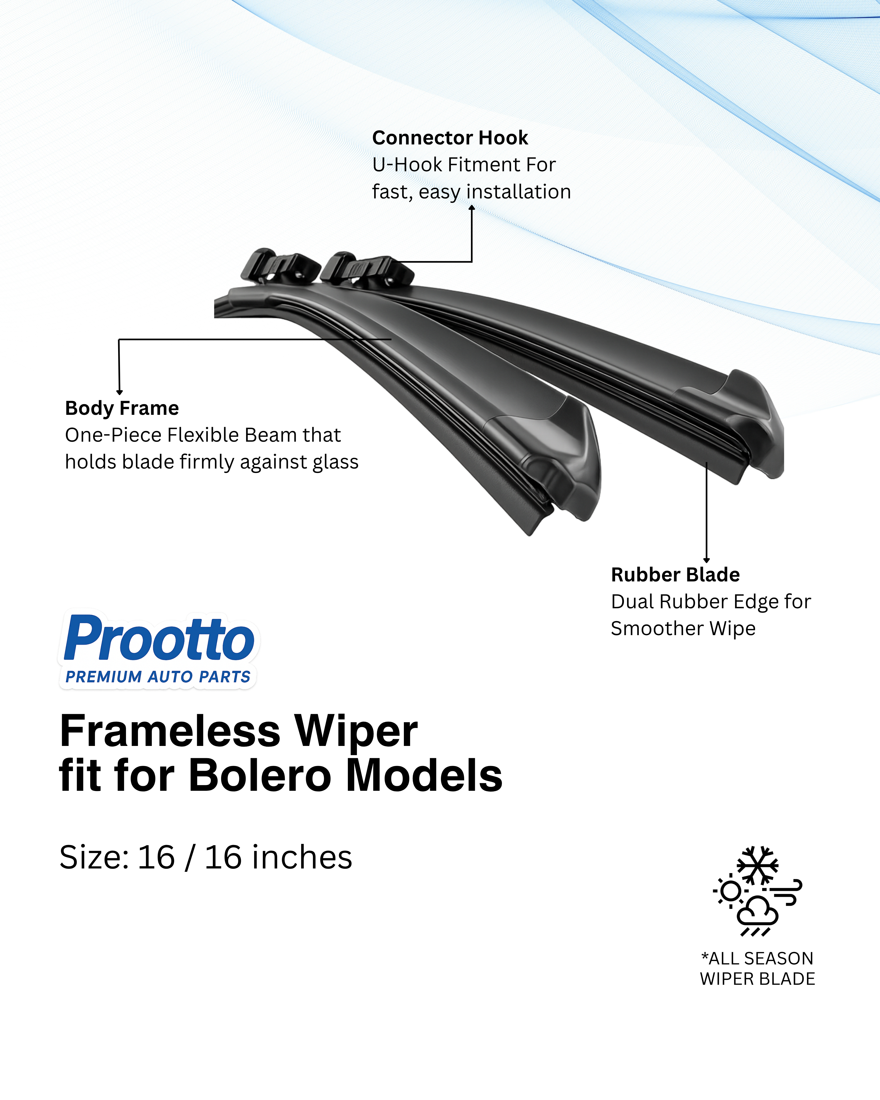 Mahindra Bolero Wiper Blades (16”/16”) – Prootto Premium Range