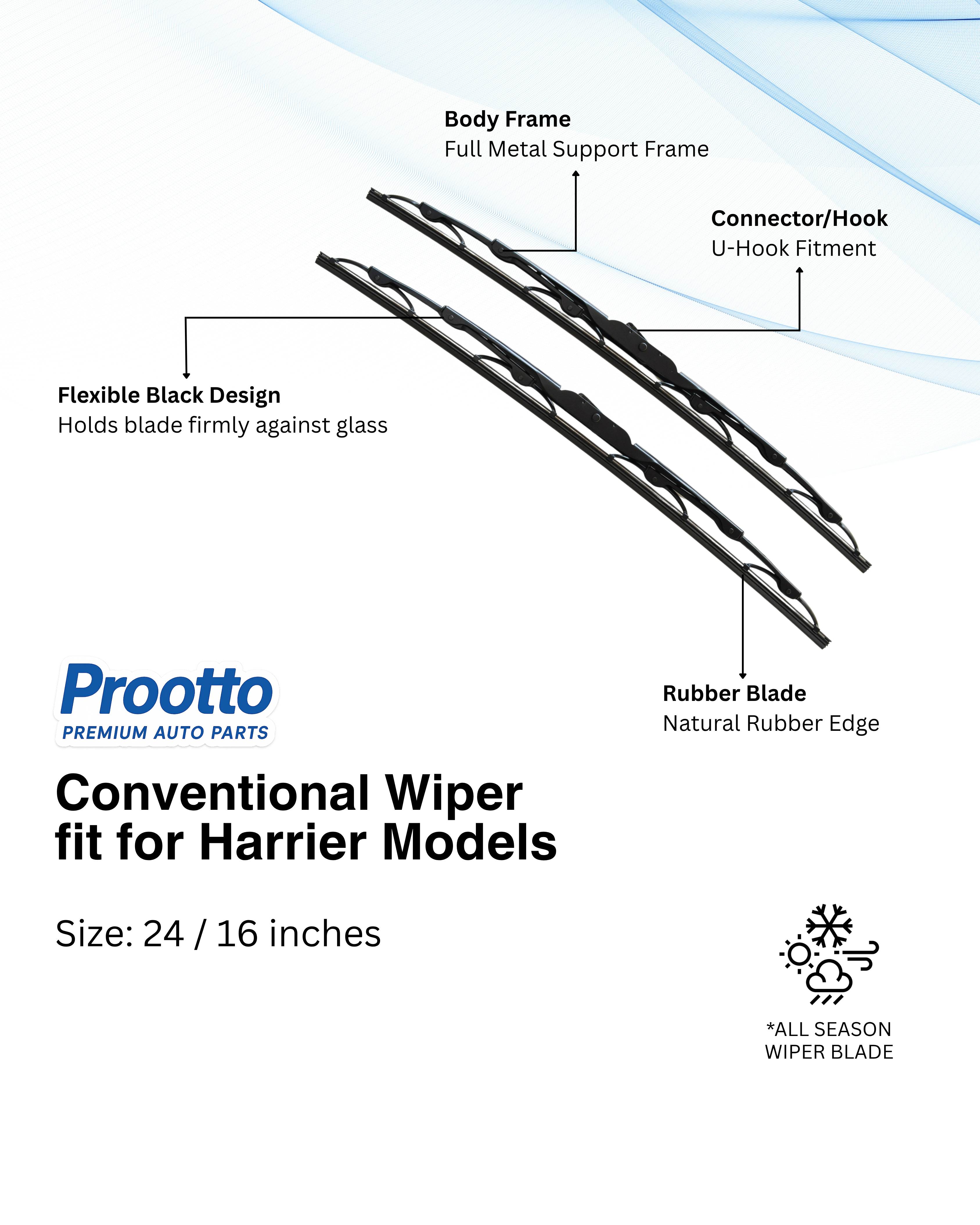 Prootto Wiper Blades for Tata Harrier – Hybrid, Frameless & Conventional (2025)